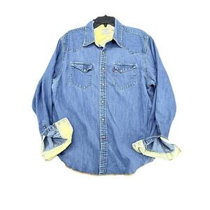 Vintage Rare Levi Strauss Blue Denim Western Pearl Snap Longhorn Mens L
